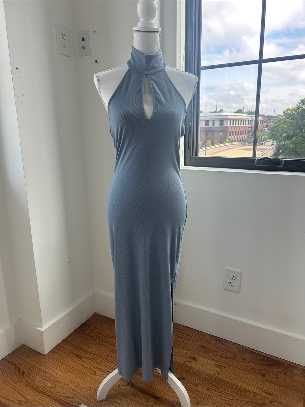 Wayf Dusty Blue Halter Keyhole Maxi Dress